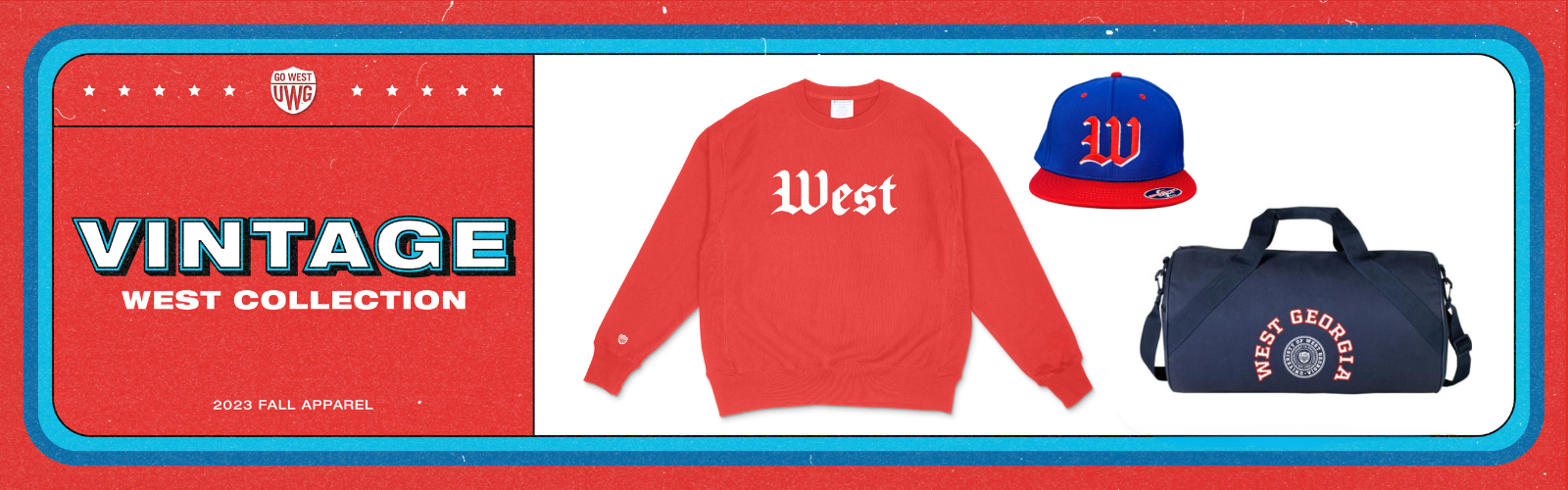 Vintage West 2023 Fall Apparel Collection. Banner shows a red crewneck, a hat, and a duffel bag.
